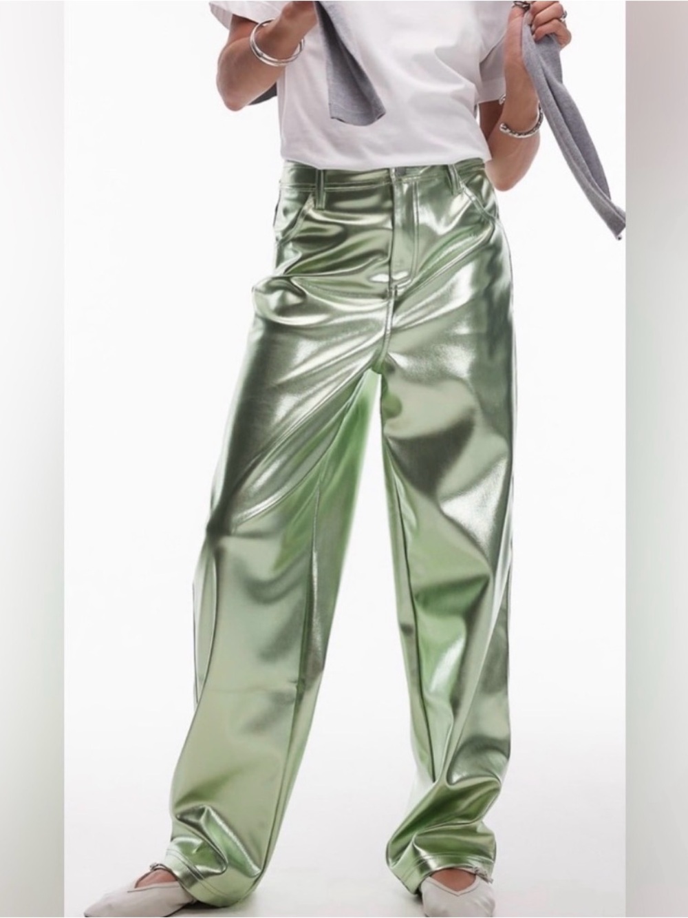 Topshop Straight Leg Faux
Leather Trouser - Metallic Green
